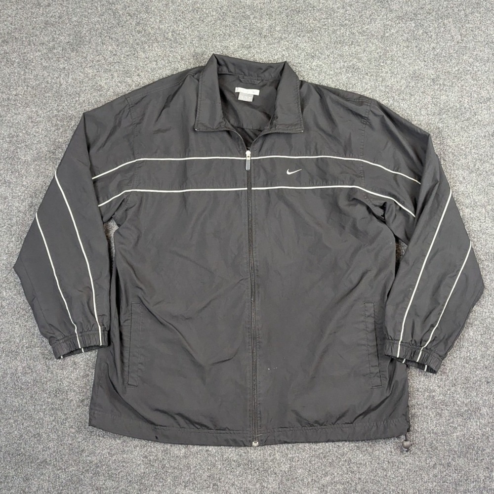Y2K Nike Mens XXL Black White Piping Full Zip Windbreaker Track Jacket MeshLined